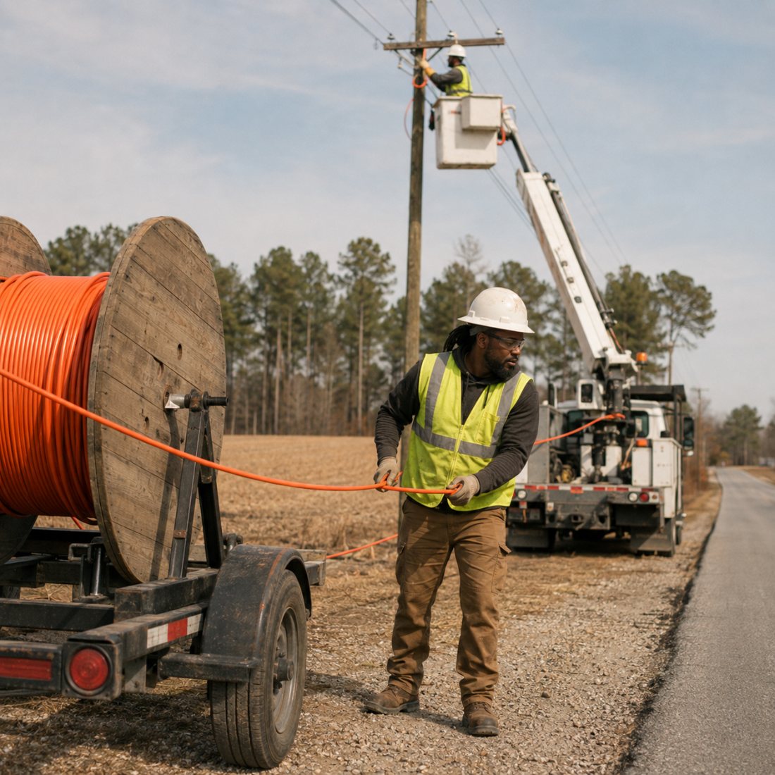 A lineworker pulling fiber from a reel beside a bucket truck on a rural road