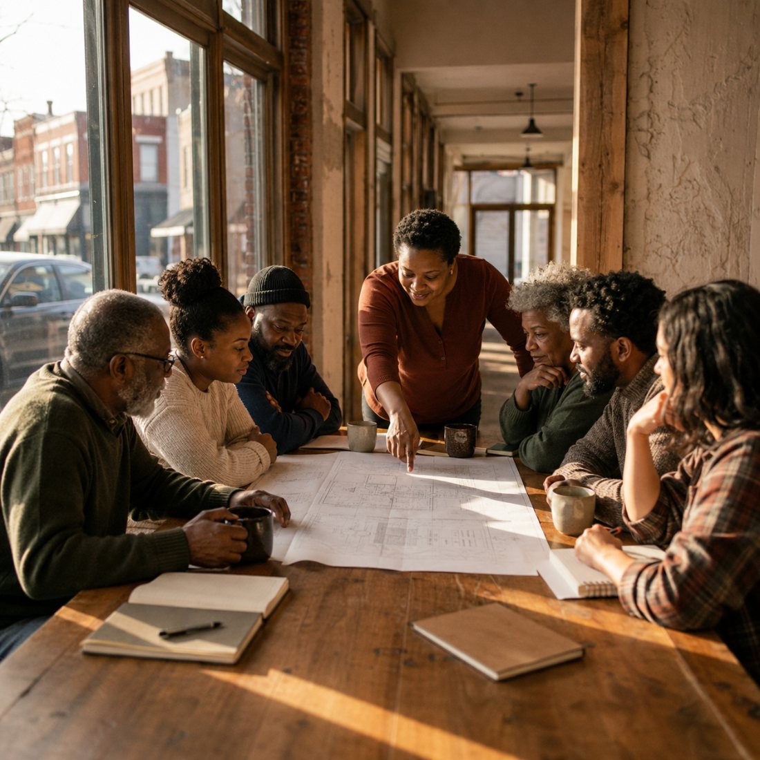 Residents gathered around a table with site plans in a main-street storefront