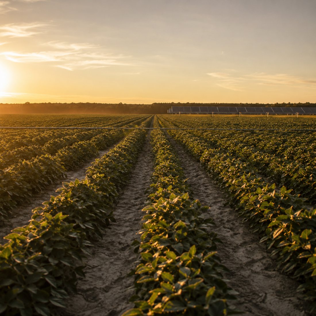 Rows of soybeans at sunset with a solar array along the tree line