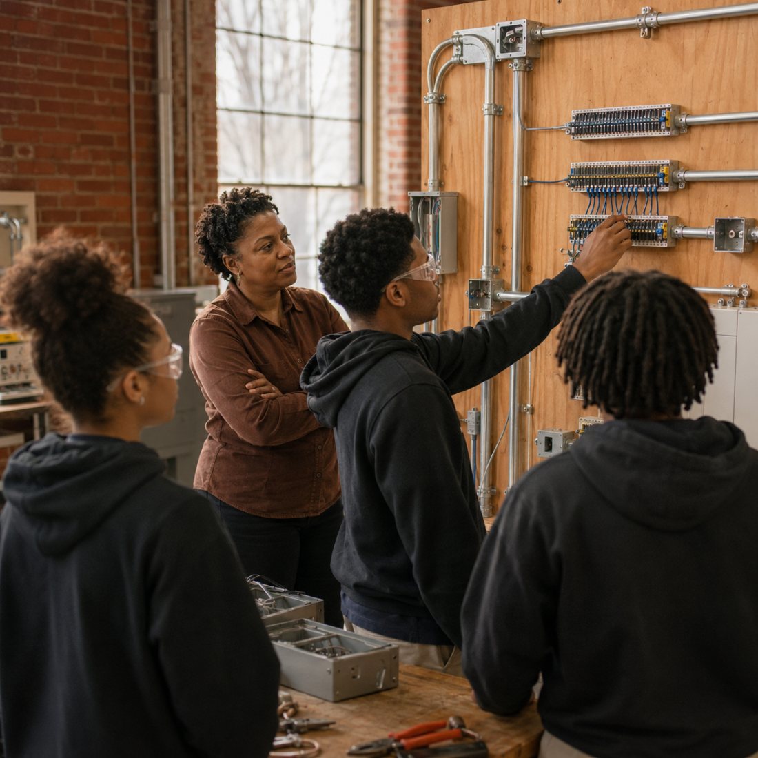 An instructor and three trainees at an electrical wiring board in a shop classroom