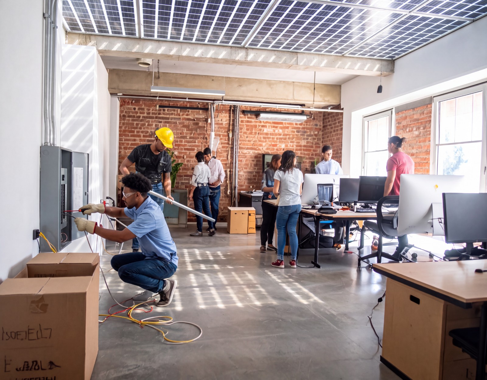 Technicians wiring an electrical panel while a team sets up computers in an exposed-brick workspace under rooftop solar