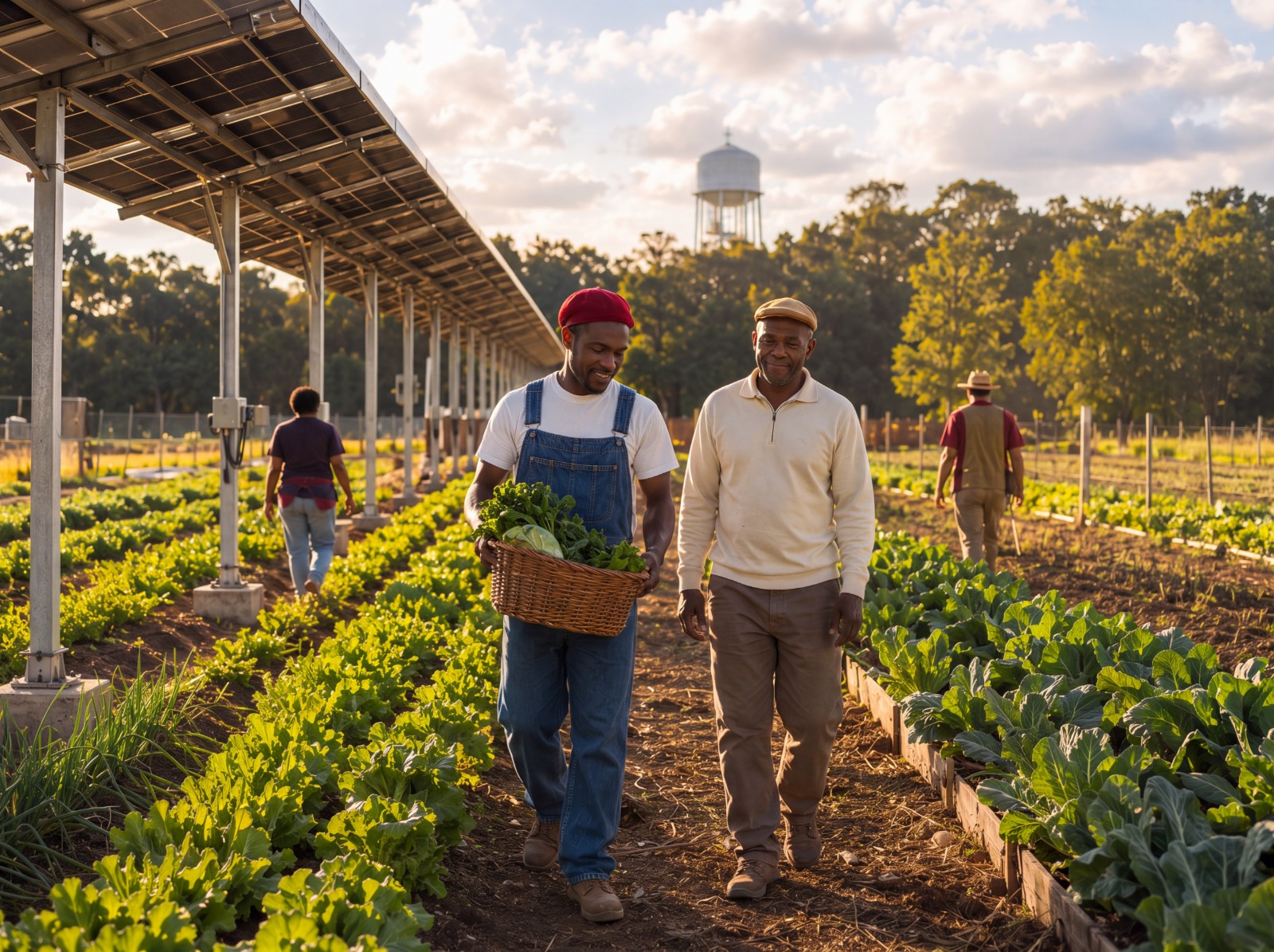 Two farmers carrying a basket of greens along rows of vegetables beneath elevated solar panels