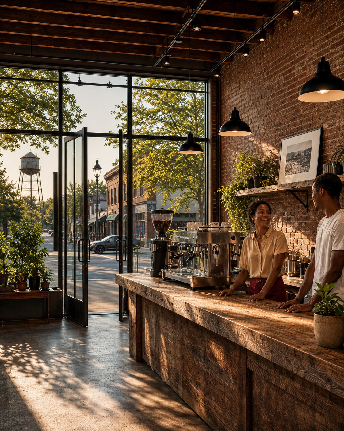 A barista and customer talking across the counter of a small-town cafe, main street visible through the windows